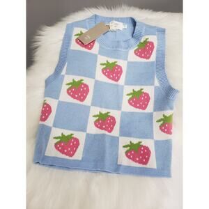 NEW Luna Ivy Pullover Blue‎ Strawberry Sleeveless Top Cottagecore Grandma Retro